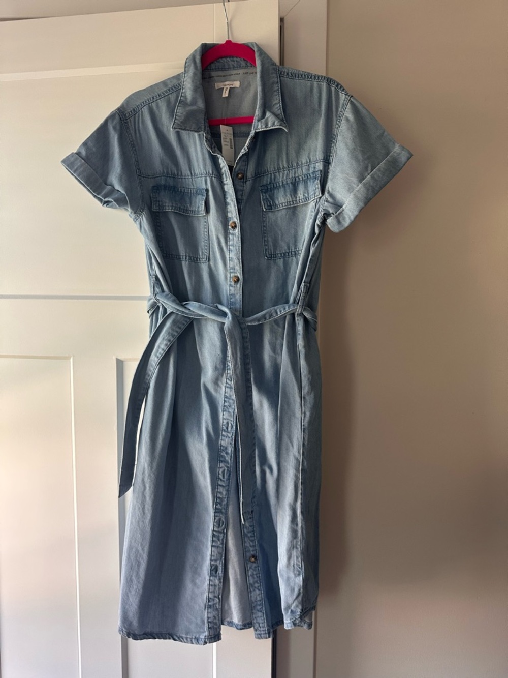 Maurices Light Blue Denim Shirt Dress with Tie Waist